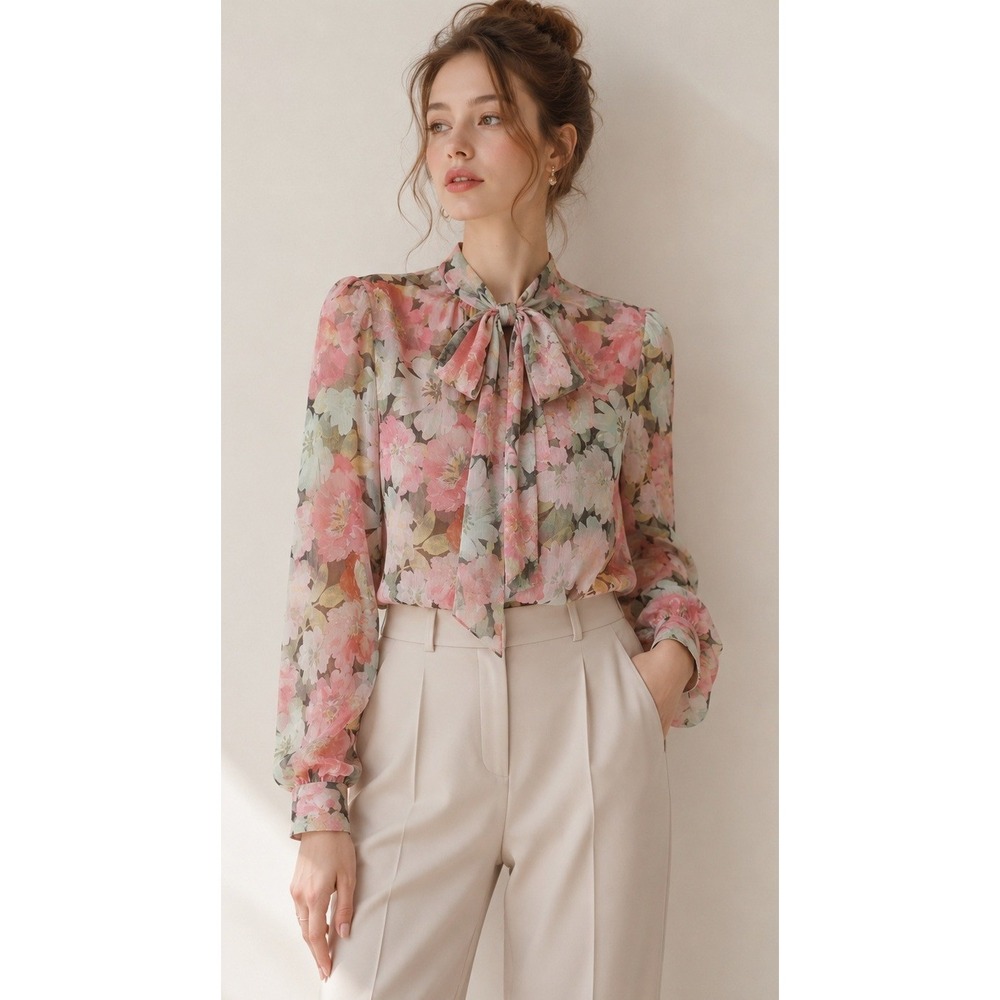 Zara Floral Tie Neck Blouse Women XS Pink Sheer Balloon Sleeve Coquette Feminine